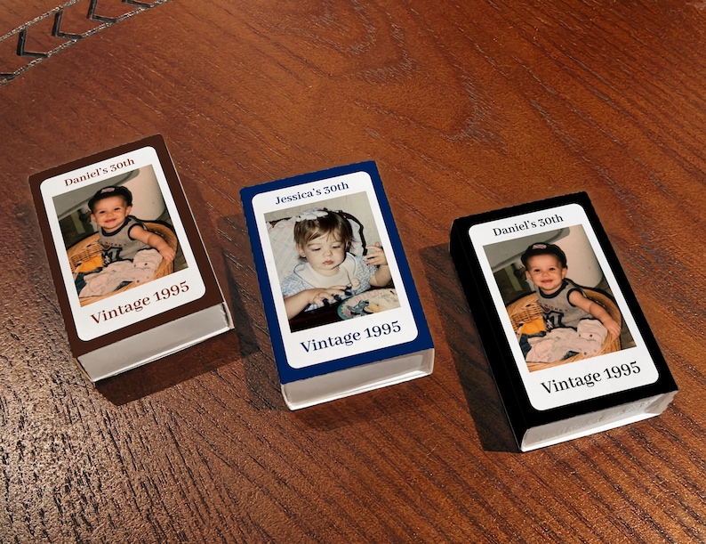 Dirty Thirty Club Matchboxes, Custom Photo Birthday Favors, Vintage 1995 Birthday Decor, 30th Birthday Party Keepsakes, Milestone Matches image 2