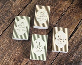 Recuerdos de boda personalizados en caja de cerillas, cajas de cerillas vintage con monograma de cisne, el regalo perfecto para invitados a la boda con rayas retro.