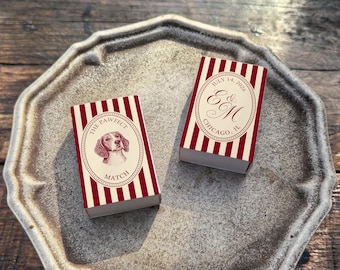 Recuerdos de boda personalizados con caja de cerillas, ilustración de perro, regalos personalizados para cenas de ensayo, despedida de soltera 2026, recuerdo de fiesta único