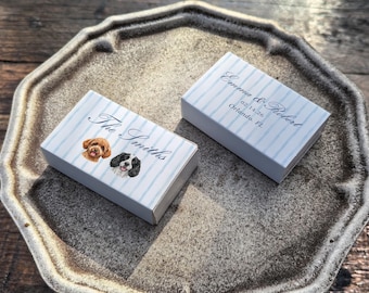 Wedding Matchbox Favors, Personalized Stripe Dog Matchbook, Custom Dog Illustration & Couple Name, Bridesmaids Favors, Wedding Reception
