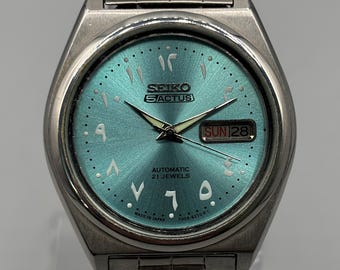Seiko 5 Automatic Watch: Mint Blue Arabic Dial, Vintage Japan Made