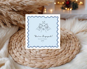 Powder Blue Scalloped Engagement Announcement Card, Custom Names Date (6x6 Inch)