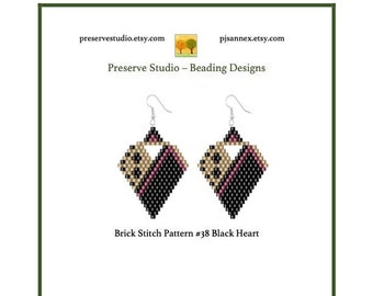 Brick Stitch Earring Pattern, Brick Stitch, Delica Beading Pattern, Drop Earrings, 38 Black Heart