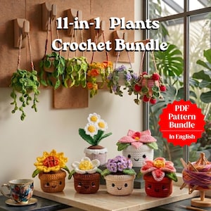 May include: A collection of handmade crochet plants, including hanging baskets and potted flowers. The plants are in various colors, with smiling faces on the pots. The image includes the text "11-in-1 Plants Crochet Bundle" and "PDF Pattern Bundle In English."