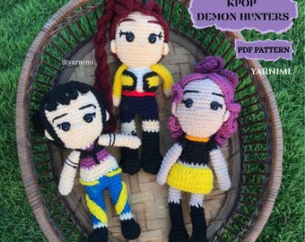 Crochet Pattern Bundle Kpop Demon Hunters | Huntrix Group PDF Amigurumi Pattern | Cute Chibi Dolls Mira | Rumi | Zoey | DIY Crochet Tutorial
