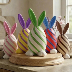 May include: Five decorative Easter egg ornaments with bunny ears. Each egg features a unique colour scheme, including pink, yellow, green, red, and brown, with white and coloured stripes. The ornaments are displayed on a wooden stand.