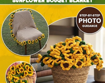 Sonnenblumen Strauß Decke Häkelmuster | Blumen-Schal & Tischdecke PDF häkeln | Amigurumi Sonnenblume Wrap Muster | Handgemachtes Geschenk für Mama
