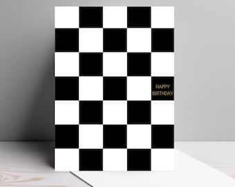 Kartka urodzinowa w szachownicę | Nowoczesny czarno-biały design