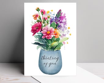 Tarjeta de pésame hecha a mano con flores en acuarela para expresar que pienso en ti