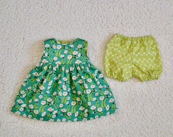 Organic Waldorf Doll Clothes, Dress and Short Bloomers for 16 Inch Doll, Green Floral