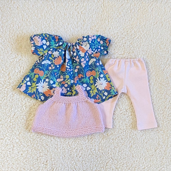 Organic Waldorf Clothes for 16 Inch Doll, Pink and Blue Three Piece Outfit