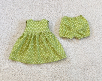 Organic Dress and Short Bloomers for 16 Inch Waldorf Doll with Green and White Leaf Pattern