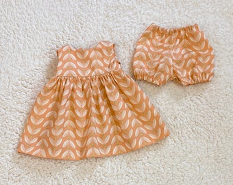 Waldorf Doll Clothes, 16 Inch Doll Dress and Bloomers, Peach Floral