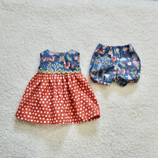Organic Cotton Dress and Short Bloomers for a 16 Inch Waldorf Doll, Woodland Print