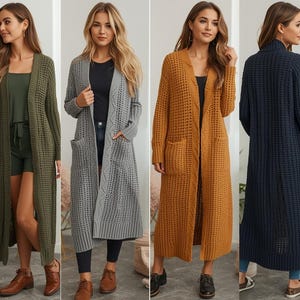 May include: A collection of long, open-front cardigans in various colors, including gray, olive green, mustard yellow, navy blue, and cream. Each cardigan features a textured knit design and front pockets. The cardigans are floor-length.