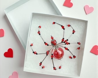 Handmade Crimson Rose Quartz Beaded Spider Ornament: Valentine Suncatcher