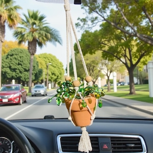 May include: A terracotta pot with green beaded plant decor hangs from a macrame plant hanger. The car accessory is suspended from the rearview mirror. The background shows a street with cars and palm trees.