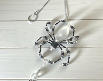 Handmade Glass Lightbulb Spider Suncatcher | Crystal Beaded Gothic Ornament