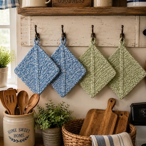 May include: Four square crochet potholders hanging on metal hooks. Two potholders are a variegated blue and white yarn, and two are a solid light green yarn. Each potholder features a central diagonal ridge pattern and a small loop for hanging.