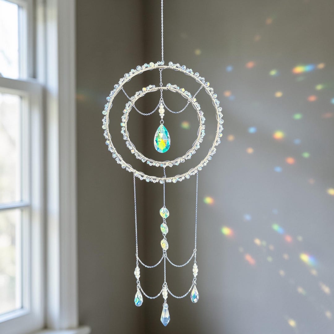 Crystal Chandelier Suncatcher | Silver Double Hoop Window Hanging ...