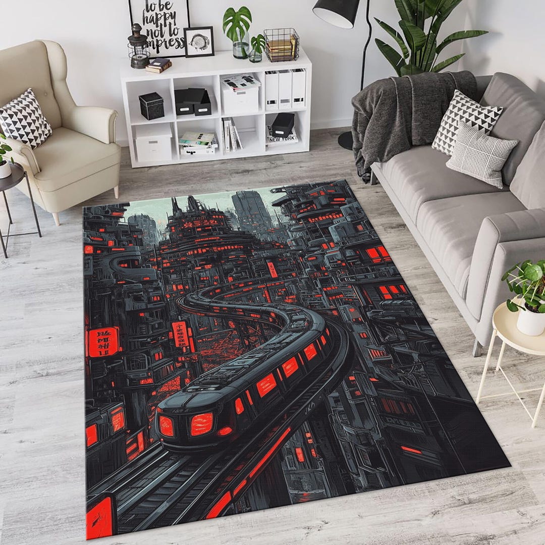 Cyperpunk Rug Cyberpunk Train Area Rug, Futuristic Dystopian Cityscape Carpet, Red ...