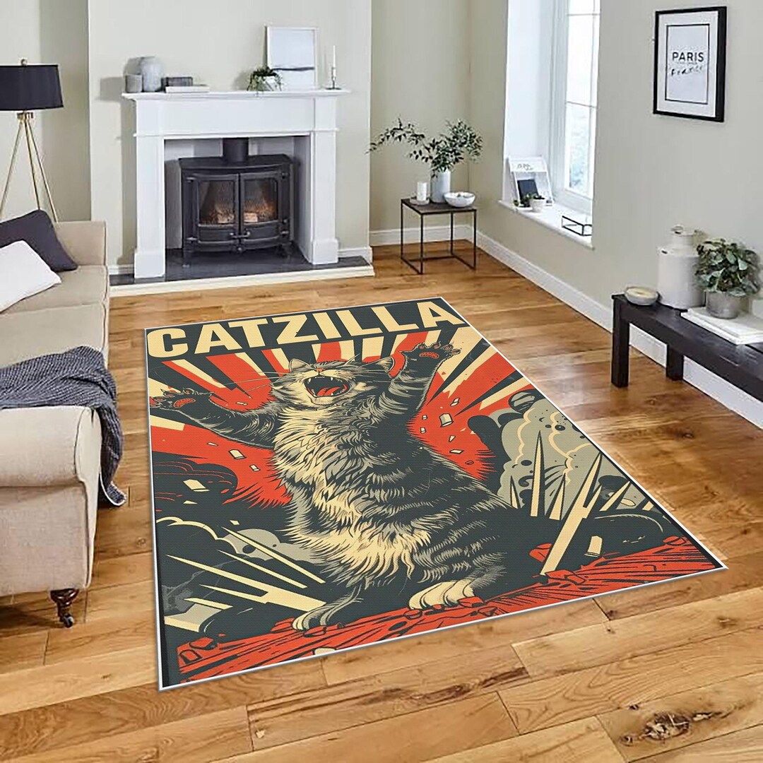 Cat Gun Rug CATZILLA Rug - Crazy Cat Pattern Rug - Modern Home Decor - Etsy