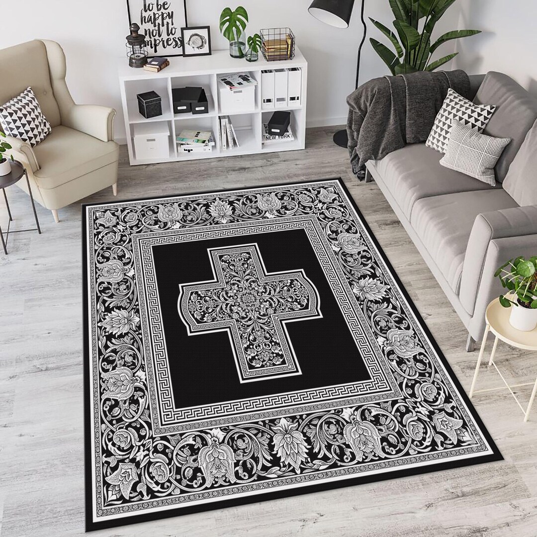 Christian Cross Prayer Rug: Black and White Floral Carpet - Etsy