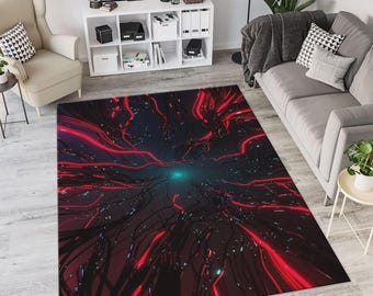 Abstract Cyberpunk Fiber Optic Rug, Red Neon Tech Light Area Rug, Futuristic Matrix Style Carpet, Modern Gaming Room Decor, Sci-Fi Floor Mat