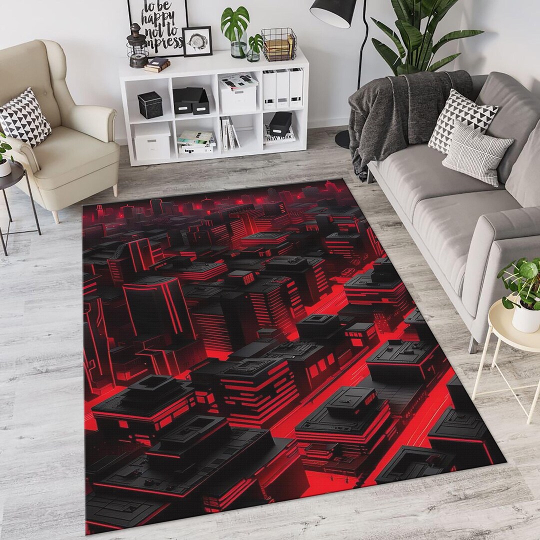 Cyberpunk Rug Texture Cyberpunk Isometric City Area Rug, Red Neon Urban Floor Carpet ...