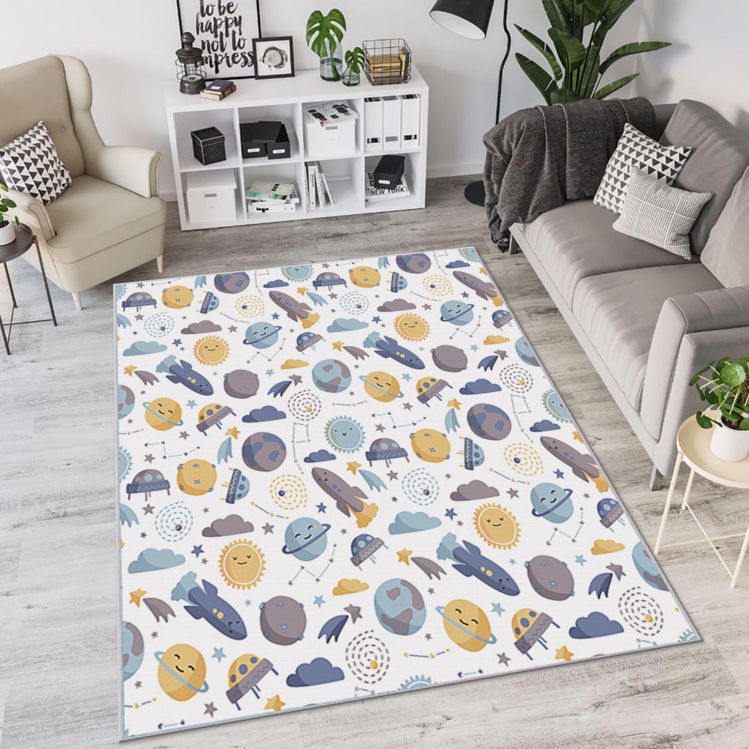 Kids Space Themed Rug, Cute Planet Rocket Carpet | Solar System Nursery ...