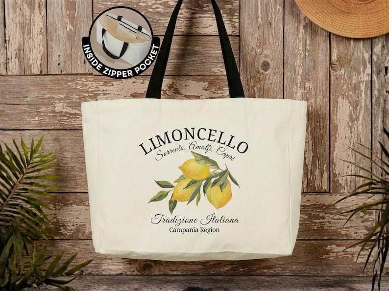 Amalfi Coast Lemon Tote Bag Italian Summer Canvas Tote Bag Lemon Canvas Tote Bag Mediterranean Vacation Travel Tote Bag image 1