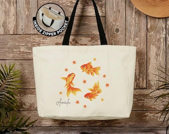 Personalized Goldfish Tote Bag Custom Name Fish Lover Canvas Tote Cute Aquarium Gift Fancy Goldfish Shopping Bag Pet Fish Gift