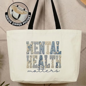 Faux Patchwork Mental Health Matters Tote Bag Inspirational Self Care Canvas Tote Therapist Gift Wellness Bag