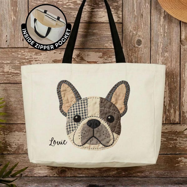 Personalized Faux Patchwork French Bulldog Tote Bag Custom Frenchie Mom Canvas Tote