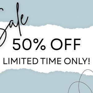 Pode incluir: Um design gr&aacute;fico com fundo azul claro e um efeito de papel rasgado branco no centro. O texto diz Sale em uma fonte cursiva preta, seguido por 50% OFF e LIMITED TIME ONLY! em uma tipografia sem serifa preta e em negrito.