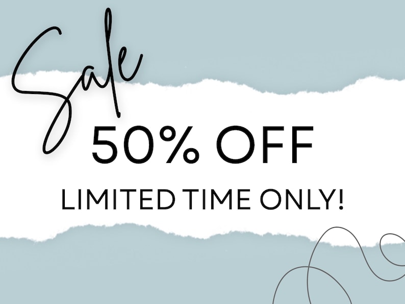 Pode incluir: Um design gr&aacute;fico com fundo azul claro e um efeito de papel rasgado branco no centro. O texto diz Sale em uma fonte cursiva preta, seguido por 50% OFF e LIMITED TIME ONLY! em uma tipografia sem serifa preta e em negrito.