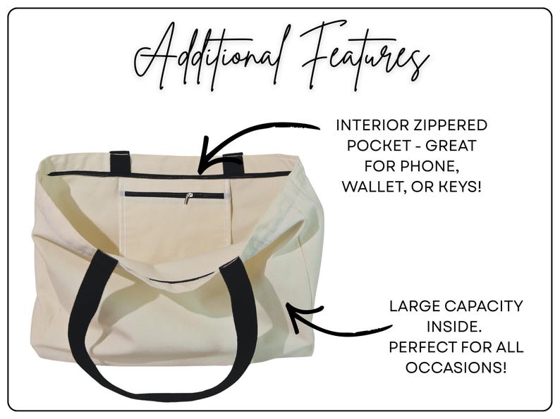 Puede incluir: Un bolso tote de color crema con asas negras y una parte superior abierta. El interior cuenta con un bolsillo con cremallera. El texto en la imagen dice: Additional Features, INTERIOR ZIPPERED POCKET - GREAT FOR PHONE, WALLET, OR KEYS!