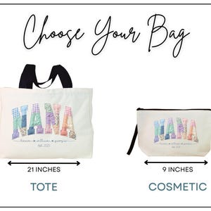 Pode incluir: Uma bolsa tote branca e uma n&eacute;cessaire branca, ambas com a palavra NANA em letras de patchwork pastel e o texto lennon &bull; william &bull; georgia est. 2020. A bolsa mede 35,5 cm por 53,3 cm e a n&eacute;cessaire mede 15,2 cm por 22,9 cm.