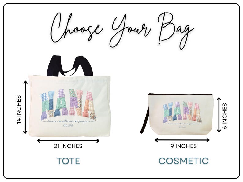 Pode incluir: Uma bolsa tote branca e uma n&eacute;cessaire branca, ambas com a palavra NANA em letras de patchwork pastel e o texto lennon &bull; william &bull; georgia est. 2020. A bolsa mede 35,5 cm por 53,3 cm e a n&eacute;cessaire mede 15,2 cm por 22,9 cm.