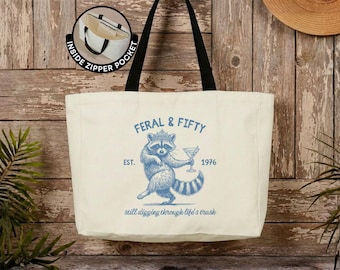 Personalized Feral and Fifty Tote Bag Funny 50th Birthday Travel Tote Bag Gift for Birthday Girl Canvas Tote Bag for Women