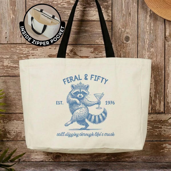 Personalized Feral and Fifty Tote Bag Funny 50th Birthday Travel Tote Bag Gift for Birthday Girl Canvas Tote Bag for Women