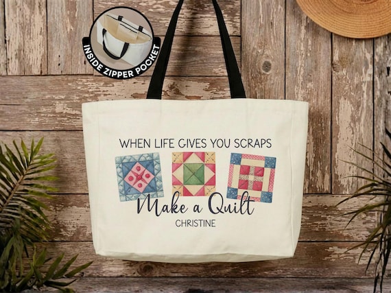Personalized Quilting Tote Bag Custom Name Quilter Canvas Tote Sewing Gift Quilt Lover Project Bag Seamstress Gift Fabric Lover Quilter