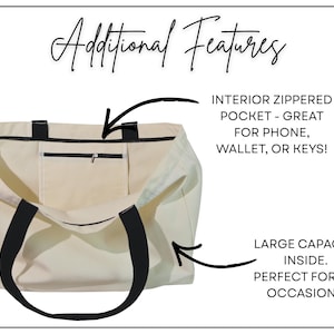 Pode incluir: Uma bolsa tote na cor creme com al&ccedil;as pretas e um bolso interno com z&iacute;per. A imagem inclui o texto Additional Features, INTERIOR ZIPPERED POCKET - GREAT FOR PHONE, WALLET, OR KEYS!, e LARGE CAPACITY INSIDE. PERFECT FOR ALL OCCASIONS!