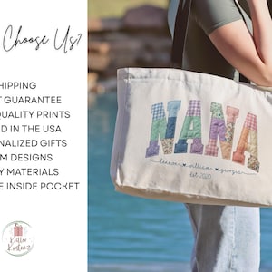 Pode incluir: Uma bolsa tote de lona branca com a palavra NANA em letras grandes, multicoloridas e estampadas. Abaixo da palavra, os nomes Lennon, William e Georgia est&atilde;o impressos com pequenos cora&ccedil;&otilde;es, seguidos pelo texto est 2020 em fonte cursiva.