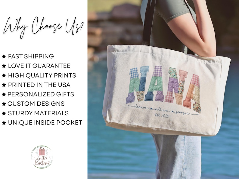Pode incluir: Uma bolsa tote de lona branca com a palavra NANA em letras grandes, multicoloridas e estampadas. Abaixo da palavra, os nomes Lennon, William e Georgia est&atilde;o impressos com pequenos cora&ccedil;&otilde;es, seguidos pelo texto est 2020 em fonte cursiva.