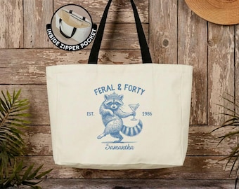 Personalized Feral and Forty Tote Bag Funny 40th Birthday Travel Tote Bag Gift for Birthday Girl Canvas Tote Bag for Women
