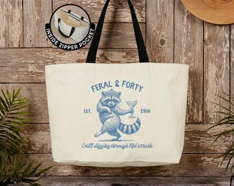 Personalized Feral and Forty Tote Bag Funny 40th Birthday Travel Tote Bag Gift for Birthday Girl Canvas Tote Bag for Women