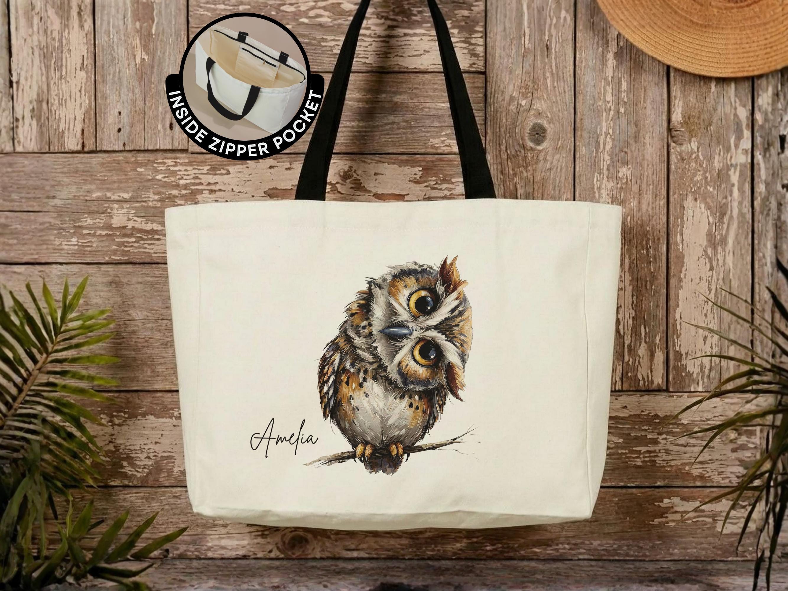 Personalized Funny Owl Tote Bag Custom Owl Canvas Tote Cute Owl Bird Travel Tote Bag Gift Book