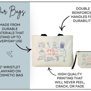 May include: A cream-colored tote bag and a matching cosmetic bag with a 5-inch wristlet lanyard. Both feature blue line art of sewing tools and the red text I'll be in my office. The bags have black handles and durable reinforced construction.