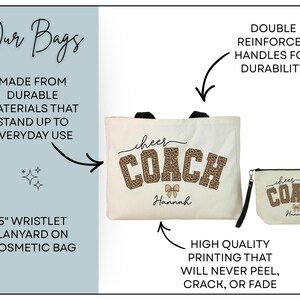 May include: Cream-colored tote bag and cosmetic bag set. The bags feature the text "cheer COACH" in a leopard print design, with the name "Hannah" below. The tote bag has double reinforced handles. The cosmetic bag has a 5" wristlet lanyard.